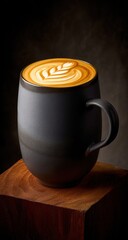 Dark Grey Mug With Latte Art Against Dark Background