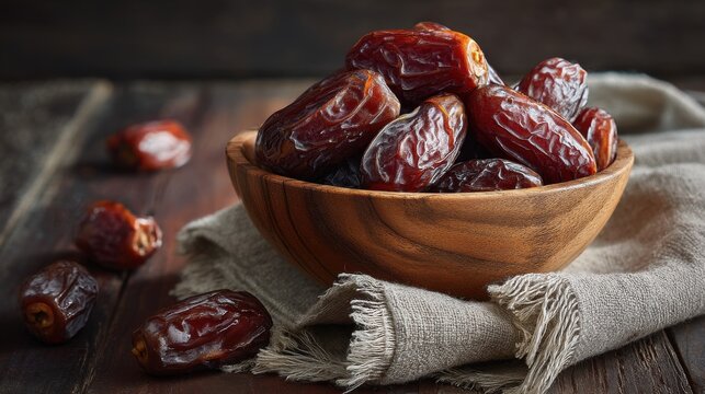 A stunning image of copy space, Delicious medjool dates in a bowl on a wooden table, closeup view. Cloth napkin with date fruits. Traditional Arabic healthy food for breaking the.