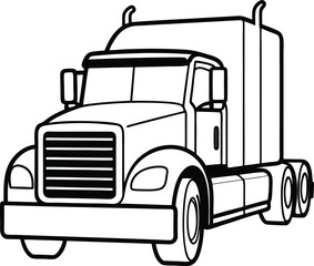 Bold American Semi Truck Line Art Vector Illustration in Minimal Black and White