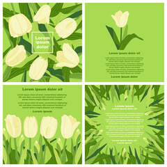 A botanical graphic template featuring rectangular illustrations of various colorful tulips with green leaves and lorem ipsum text patterns. Perfect for creating postcards, invitations, and brochures