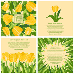 A botanical graphic template featuring rectangular illustrations of various colorful tulips with green leaves and lorem ipsum text patterns. Perfect for creating postcards, invitations, and brochures