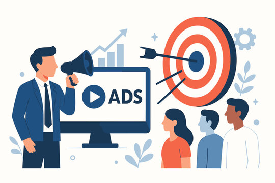 Targeted digital marketing advertising campaign concept. Businessman megaphone promotion ads computer target bullseye audience reach. Business strategy customer engagement vector