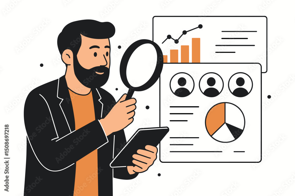 Poster business analyst examining data charts with magnifying glass. market research analytics dashboard vi