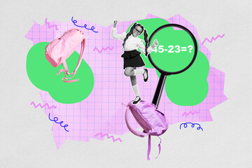 Composite artwork collage template sketch of young girl jump backpack loupe glass count numbers...
