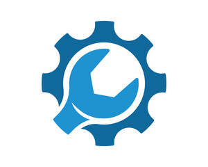 Blue gear with wrench symbol. Concept for engineering, repair, mechanics, industry, or technology. Great for logos, web design, and visual communication projects.