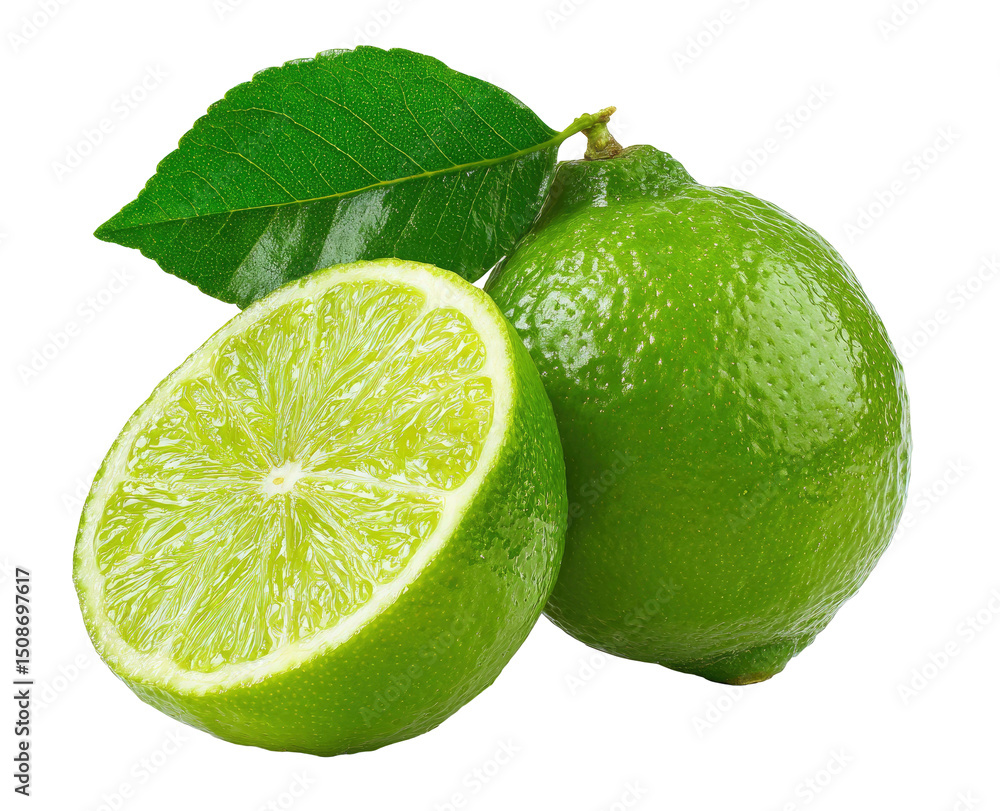 Poster fresh lime with half slice and leaf on transparent background