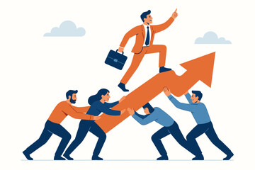 Business teamwork success concept. Team collaboration supporting leader on growth arrow. Corporate achievement partnership progress. Professional people working together reaching upward goals