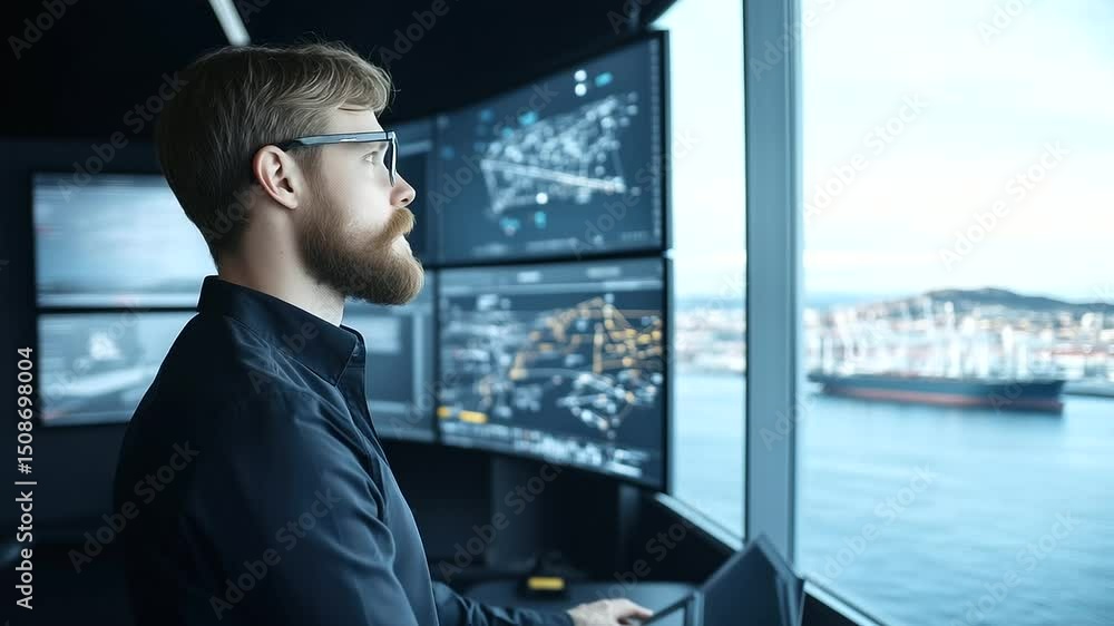 Poster control room staff monitoring ship movement data and loading operations on giant screens, windows ov