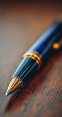 Close Up Of Luxurious Blue Pen On Wooden Table