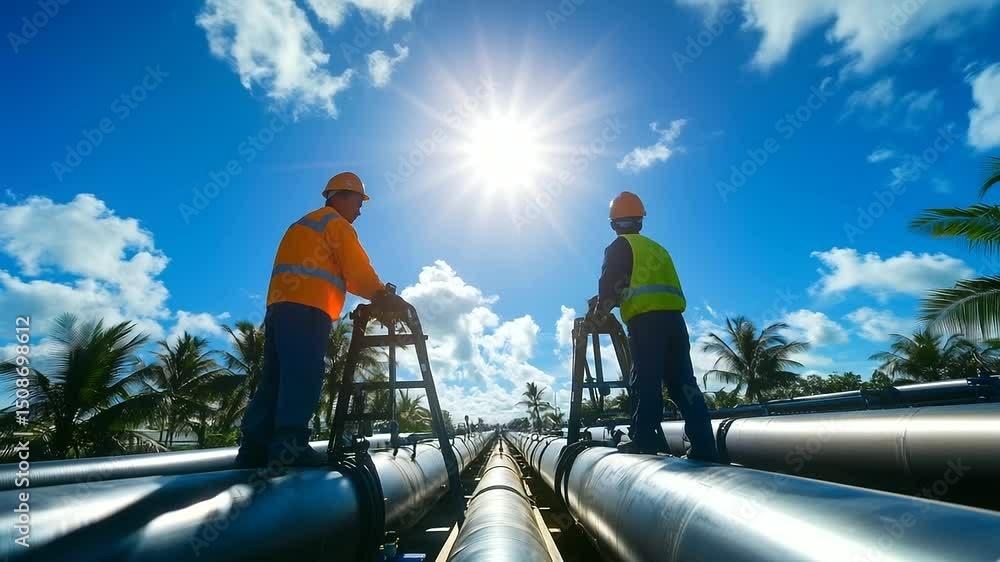 Aufkleber technicians installing sensors on top of complex network of pipelines under midday tropical sun