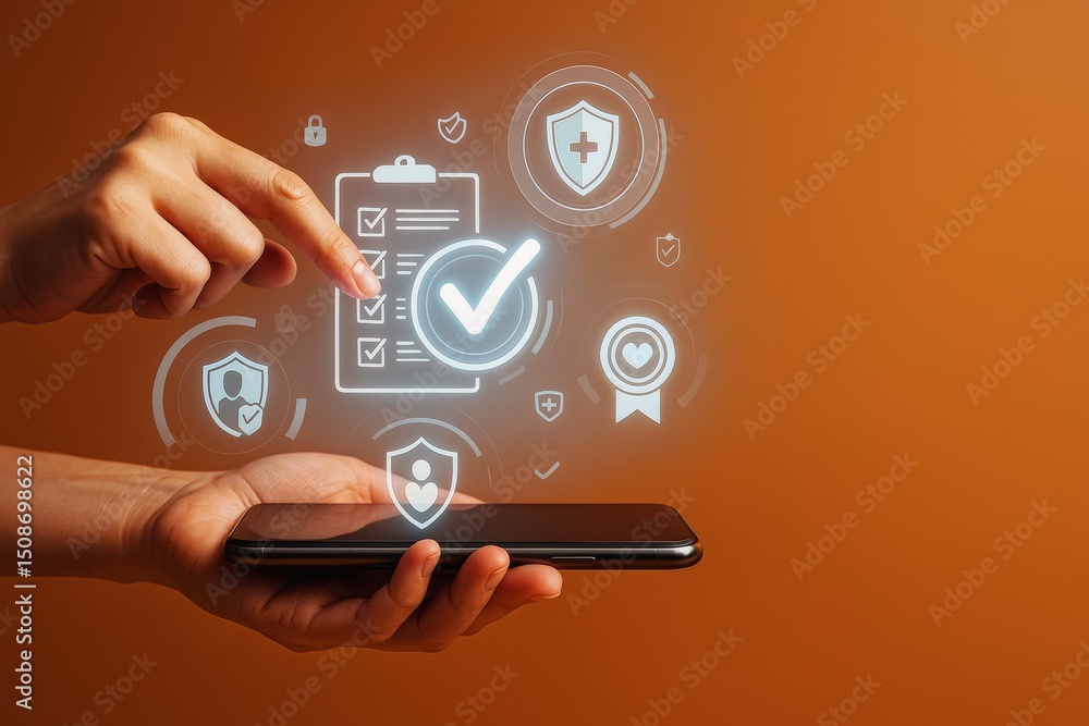 Aufkleber Digital checklist and security icons floating above a smartphone with a hand interacting on an orange background, symbolizing mobile business safety..