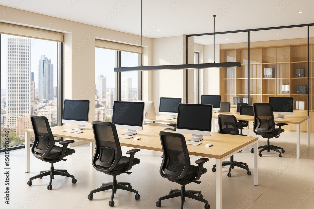 Poster modern open-plan office space with stylish furniture, desktop computers, and large windows showing c
