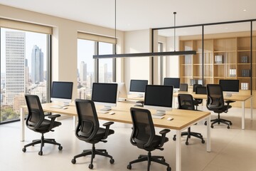 Modern open-plan office space with stylish furniture, desktop computers, and large windows showing city skyline in daylight.