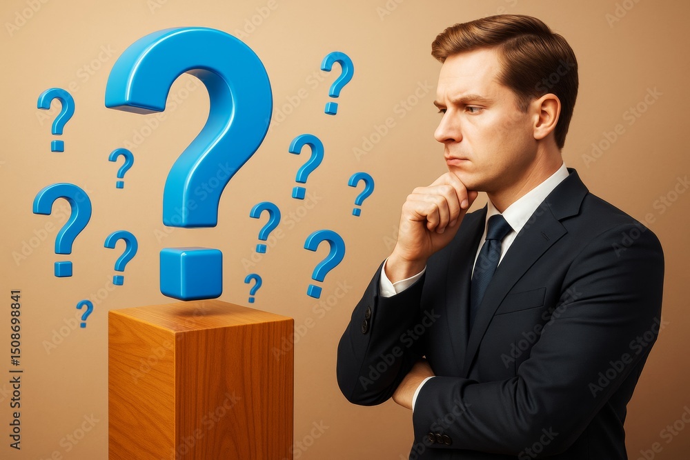 Aufkleber Businessman thinking with question marks floating around on light brown background, symbolizing decision-making and strategic problem solving.