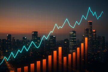 Business growth chart with glowing line and bar graphs over city skyline at dusk, symbolizing financial success and data analytics concept.