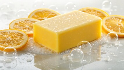 This close-up features a rectangular bar of yellow soap with small air bubbles on its surface, artfully arranged with several cut lemon halves and clear water droplets