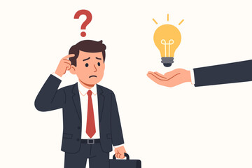 Businessman confused by problem, gets brilliant idea or solution. Hand offers lightbulb. Concept of finding solutions, support, innovation, mentorship, brainstorming, and clarity.
