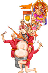 People playing dhol tasha in Lord Ganpati background for Ganesh Chaturthi festival of India