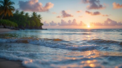 Fototapeta premium Blurred view of tropical sea at sunset on a beach with empty space for text.