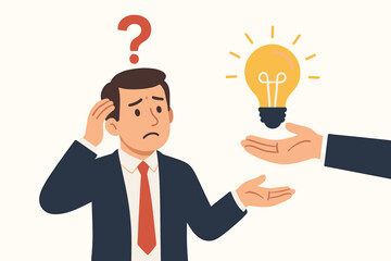Confused businessman with question mark receiving brilliant idea lightbulb from helping hand. Business problem solving, innovation, creative solution, support, mentorship, guidance concept.