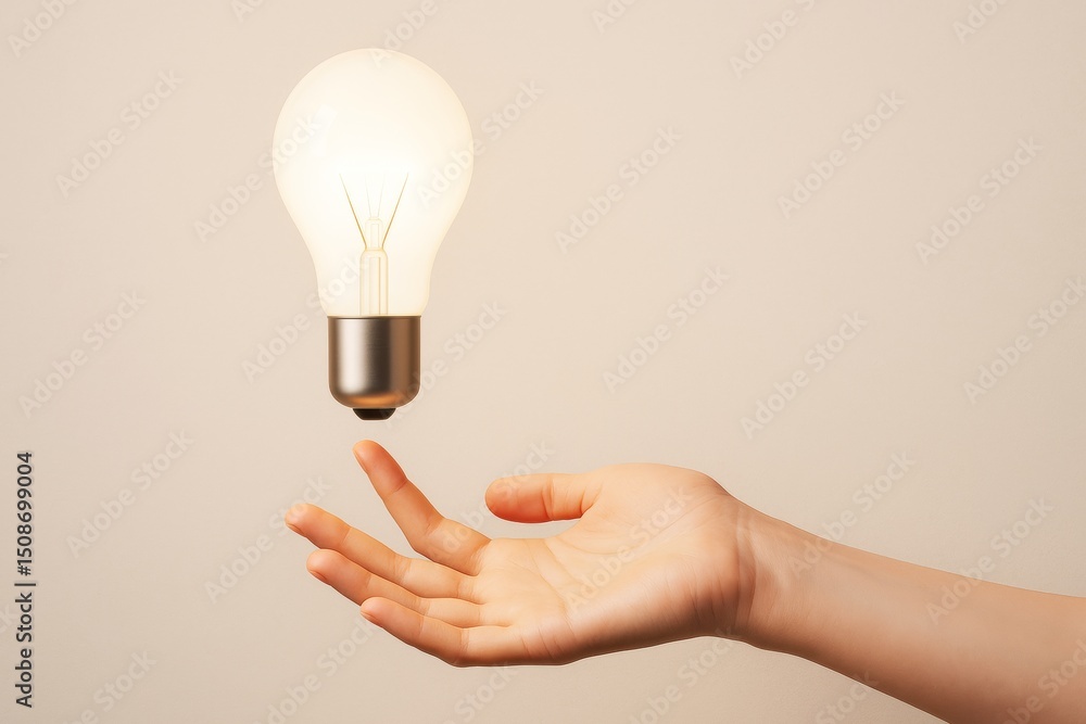 Poster Illuminated light bulb floating above an open hand symbolizing creative ideas and innovation on a soft beige background. Ai generative.