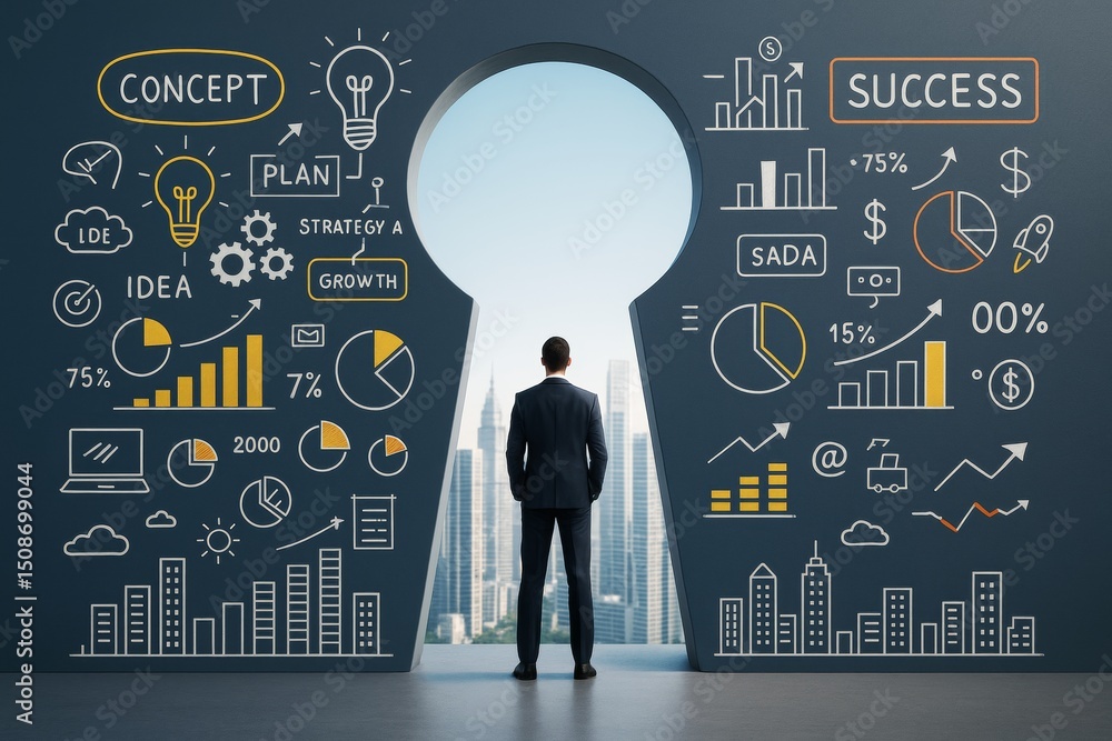 Poster businessman standing in front of keyhole-shaped opening with business strategy drawings on dark back