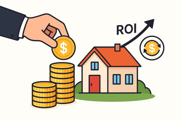 Investment property ROI growth concept. Hand stacking gold dollar coins next to a residential house, with an upward arrow indicating financial return. Real estate, finance, wealth, mortgage.