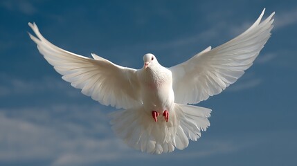 Obraz premium 정면에서 본 날개 펼친 흰 비둘기의 웅장한 순간 AI 생성