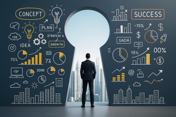 Businessman standing in front of keyhole-shaped opening with business strategy drawings on dark background, symbolizing success and growth concept.