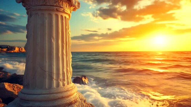 Ancient pillar at sunset over the sea