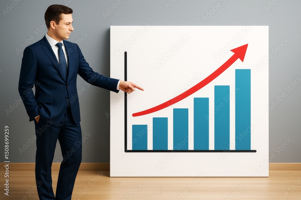 Poster businessman presenting financial growth chart with rising bar graph and red upward arrow on light ba