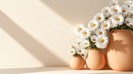 coral-blush balloon arch with delicate curvature, styled beside white daisy blooms in ceramic pots, resting on silky cream floor, framed by matte wall with fine texture