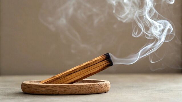 This close-up shot captures the gentle curling of "palo santo smoke" from a burning "Palo Santo" stick, highlighting the warm glow of the ember and suggesting an atmosphere of calm