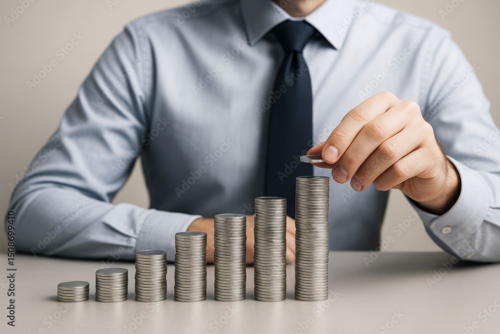 Poster businessman stacking coins in ascending order symbolizing financial growth on light background, repr
