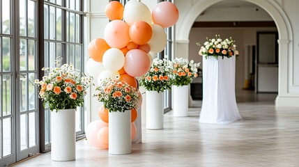 natural light illuminating a pastel balloon arch with blush and coral shades, styled beside daisy pots, smooth cream tile base, and minimal stucco backdrop