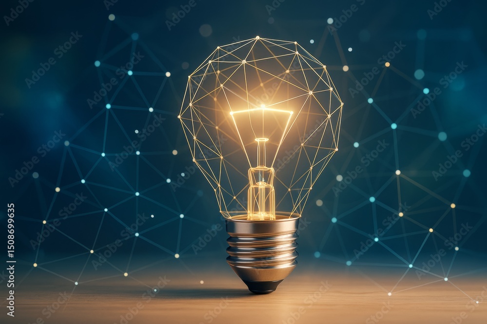 Poster Glowing geometric light bulb symbolizing innovation and creativity on abstract polygonal network background in futuristic business concept design.