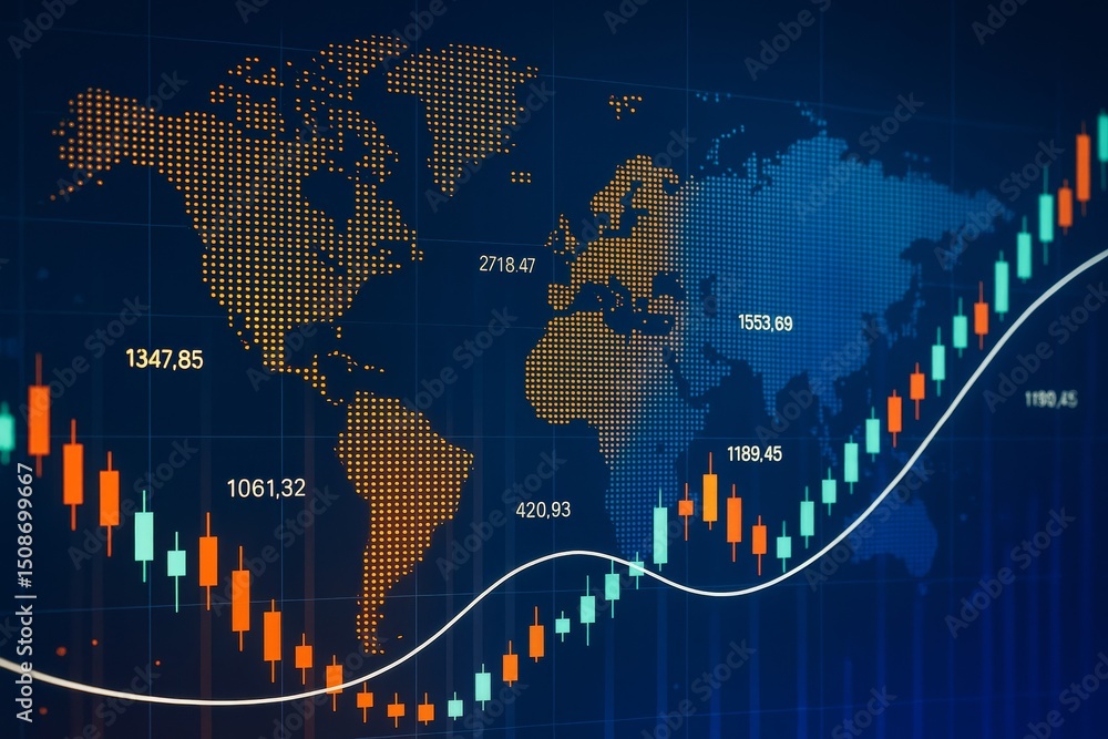 Poster Abstract global business background with digital world map, candlestick chart and financial data on dark blue light grid background concept..