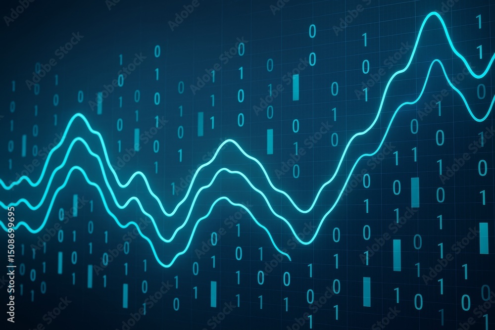 Poster Abstract digital graph with binary code and glowing light waves on dark background representing data analytics and futuristic business concept.