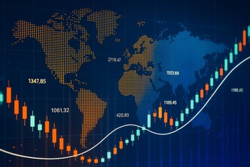 Abstract global business background with digital world map, candlestick chart and financial data on dark blue light grid background concept..