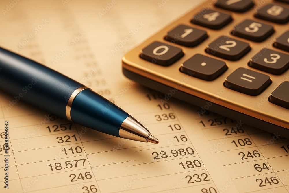 Poster close-up of pen and calculator on financial spreadsheet with warm light background, symbolizing busi