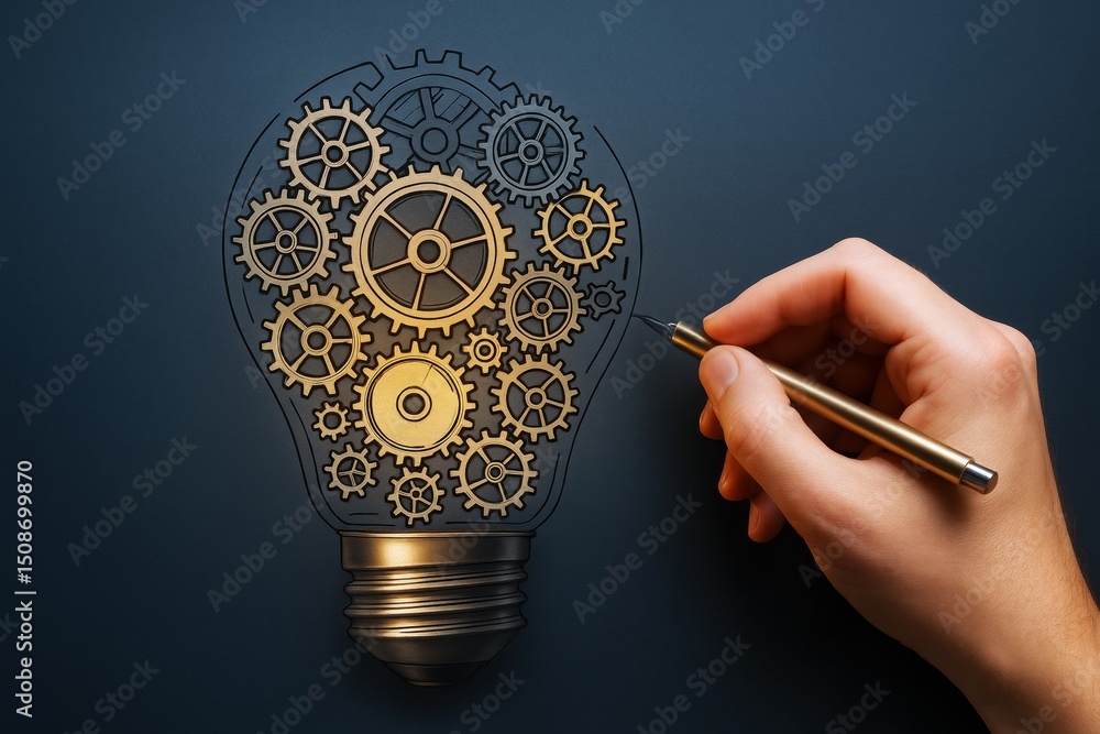 Poster hand drawing golden gears inside light bulb shape symbolizing innovation, creativity and teamwork on