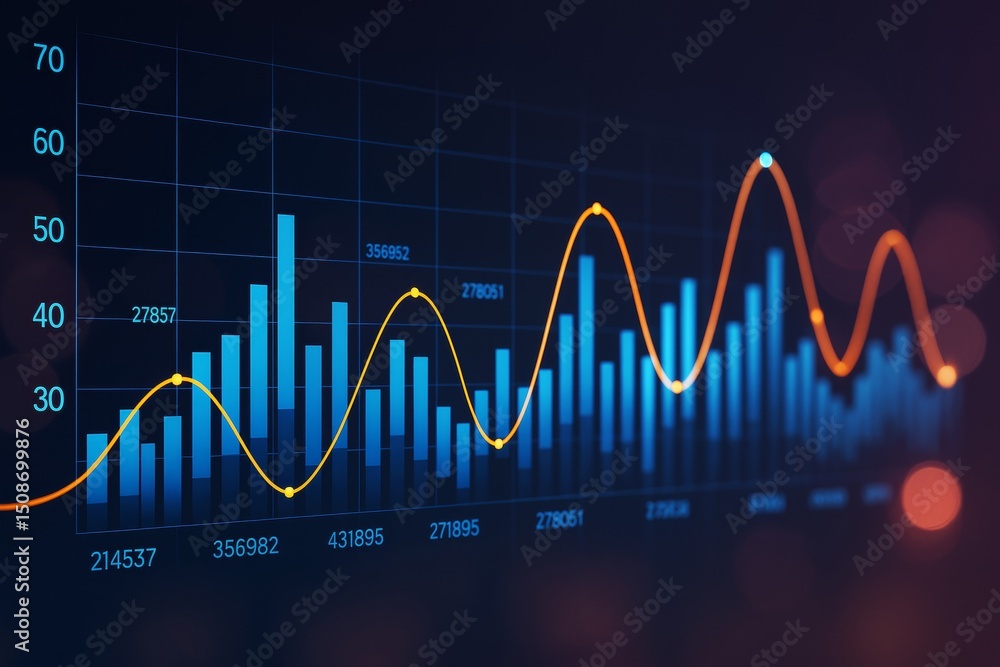 Poster Business data analytics chart with glowing bars and line graph on dark background, symbolizing growth, finance, and technology concept.
