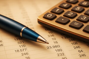 Close-up of pen and calculator on financial spreadsheet with warm light background, symbolizing business accounting and finance concept.