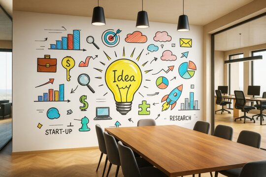 Creative business meeting room interior with colorful abstract startup and research wall graphics, light wood decor, and background office view.