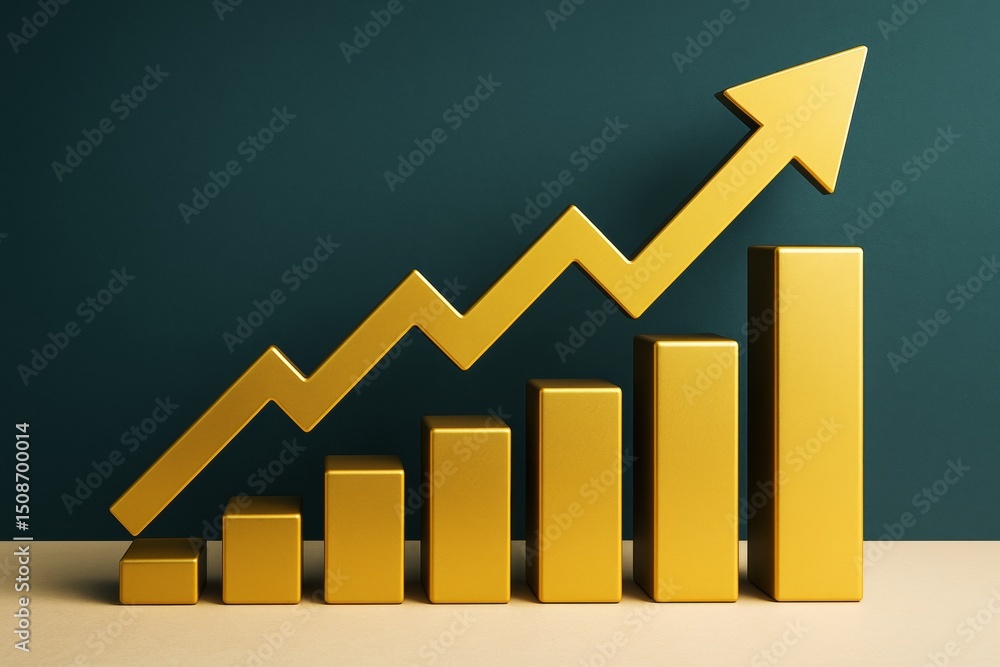 Poster Golden bar chart with upward arrow showing business growth concept on dark background with soft light in modern minimalistic style.
