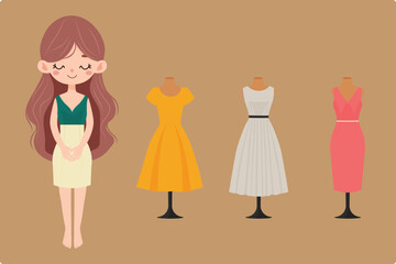 fashion styling scene with girl and mannequins vector illustration.