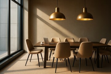 Modern business meeting room with minimal design, warm lighting, and creative atmosphere in natural light background. Ai generative.