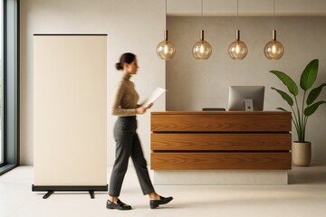 Modern business reception area with wooden desk, blank banner stand, and professional woman walking in light interior concept office space.