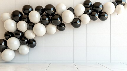 classic black and white balloon arch for modern event, evenly spaced on polished off-white tiles, framed by stucco wall in pastel gray hue with clean light direction