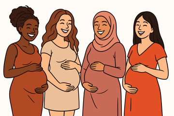 Happy pregnant women of diverse ethnicities. Multicultural group of expectant mothers celebrating motherhood journey. Unity, joy, and anticipation. Female empowerment. Vector art.